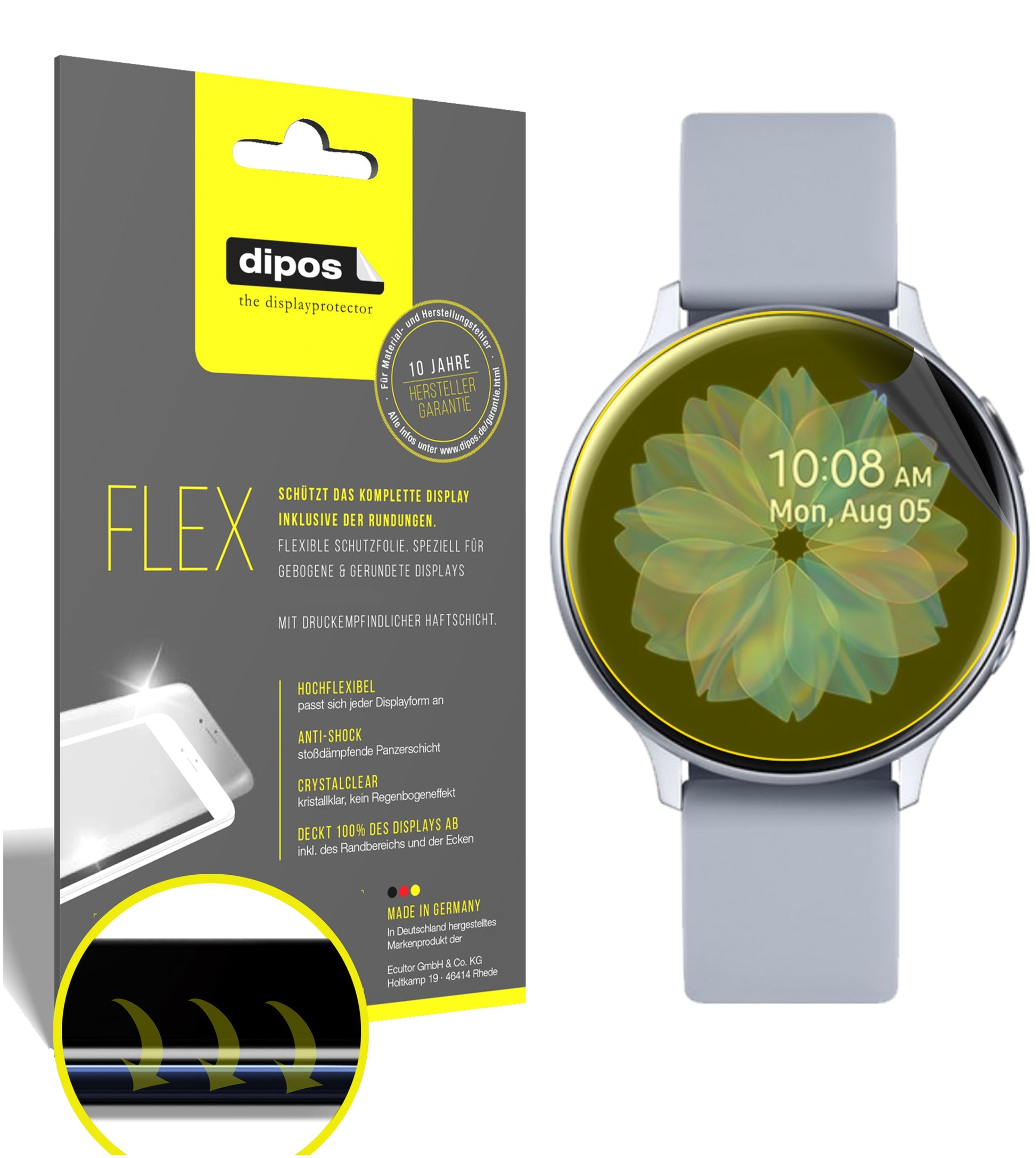 Klare Displayschutzfolie von dipos passend für Samsung Galaxy Watch Active 2 44mm, 100% Displayabdeckung und blasenfreie Montage