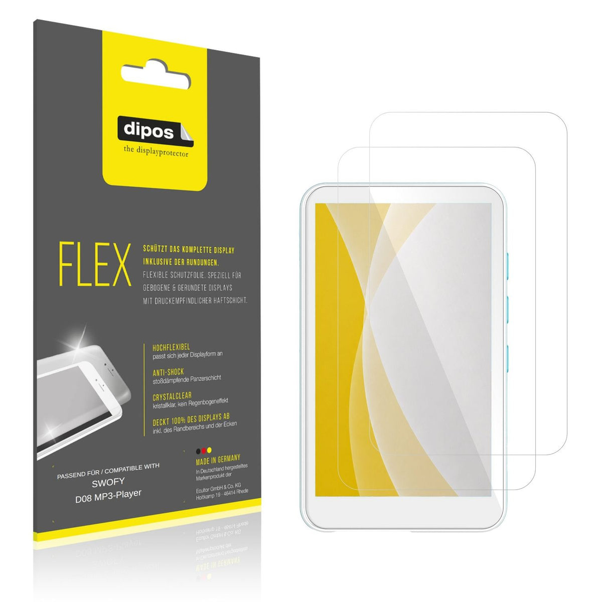 Klare Displayschutzfolie von dipos passend für SWOFY D08 MP3-Player, 100% Displayabdeckung und blasenfreie Montage