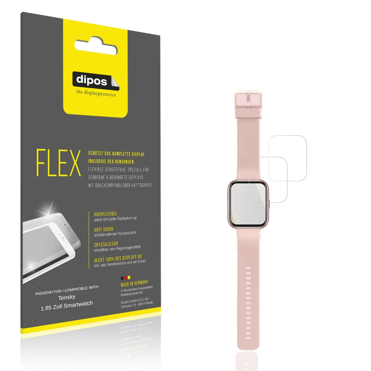 Klare Displayschutzfolie von dipos passend für Tensky 1.85 Zoll Smartwatch, 100% Displayabdeckung und blasenfreie Montage