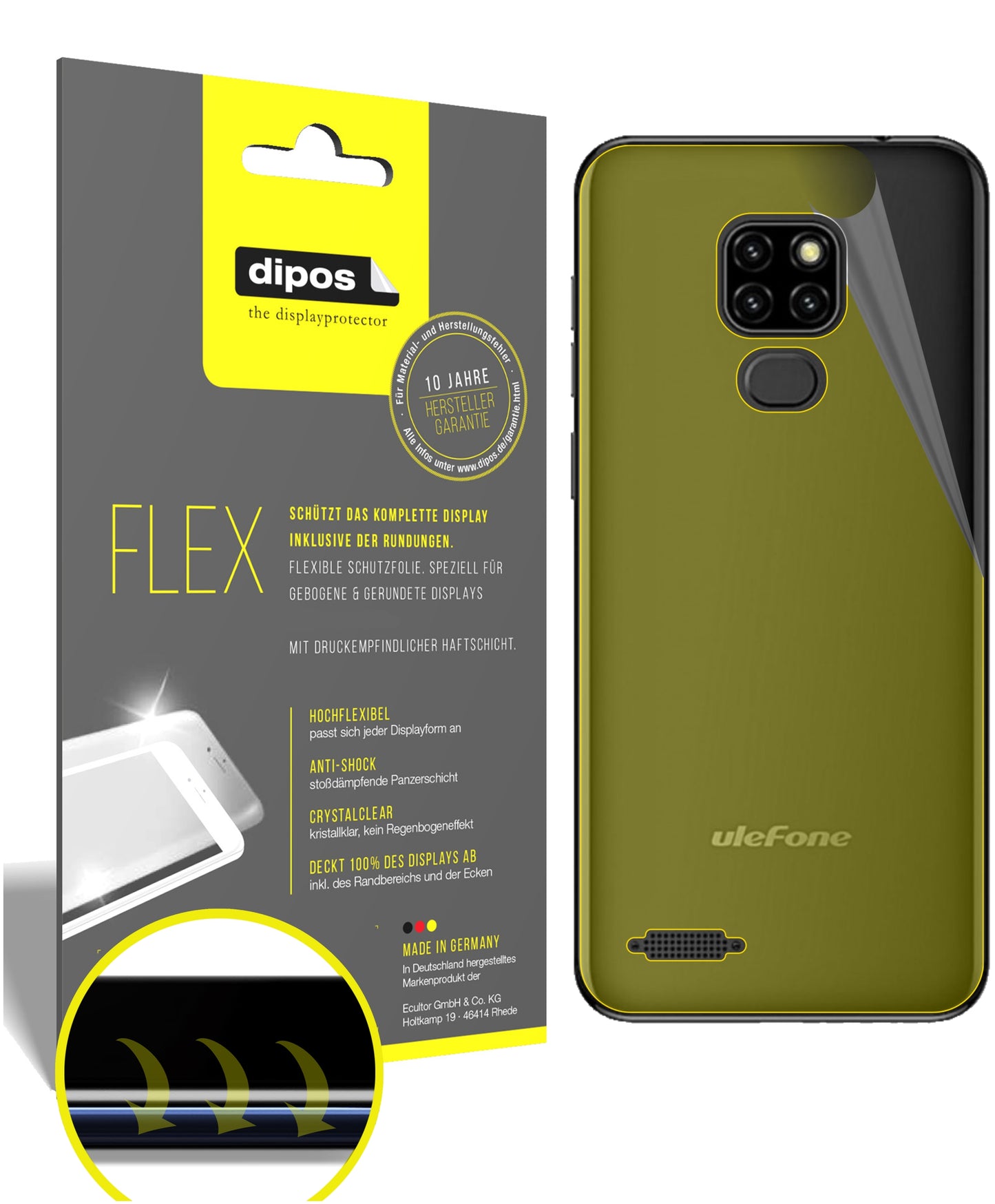 Klare Displayschutzfolie von dipos passend für Ulefone Note 7P Rückseite, 100% Displayabdeckung und blasenfreie Montage