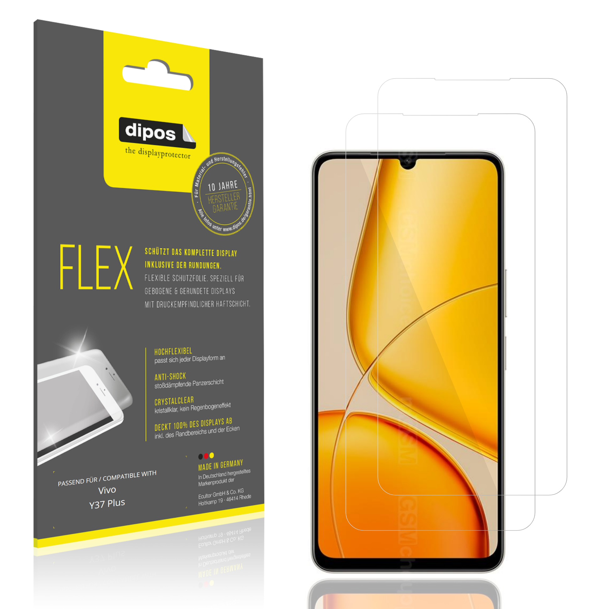 Klare Displayschutzfolie von dipos passend für Vivo Y37 Plus, 100% Displayabdeckung und blasenfreie Montage
