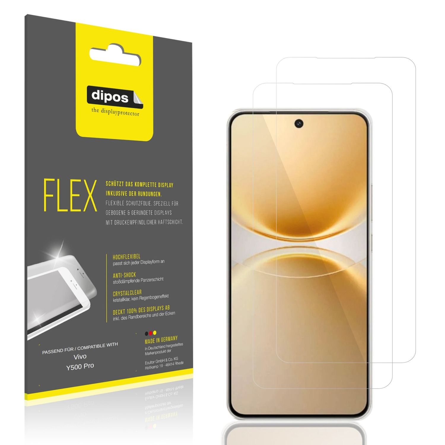 Klare Displayschutzfolie von dipos passend für Vivo Y500 Pro, 100% Displayabdeckung und blasenfreie Montage