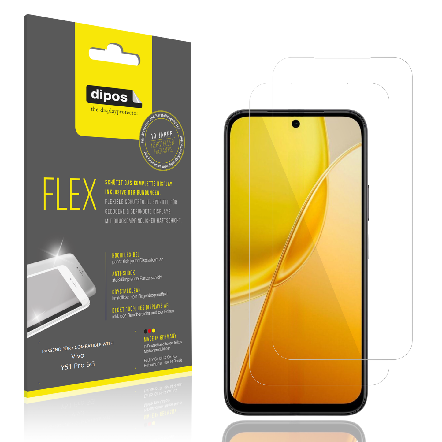 Klare Displayschutzfolie von dipos passend für Vivo Y51 Pro 5G, 100% Displayabdeckung und blasenfreie Montage