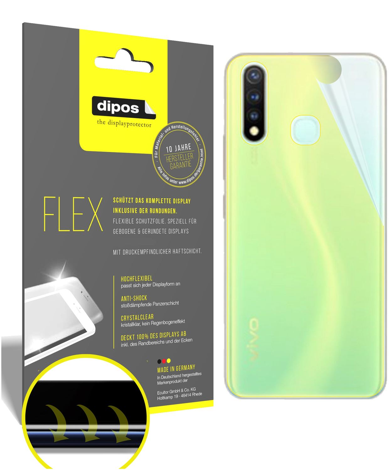 Klare Displayschutzfolie von dipos passend für Vivo Y5s Rückseite, 100% Displayabdeckung und blasenfreie Montage