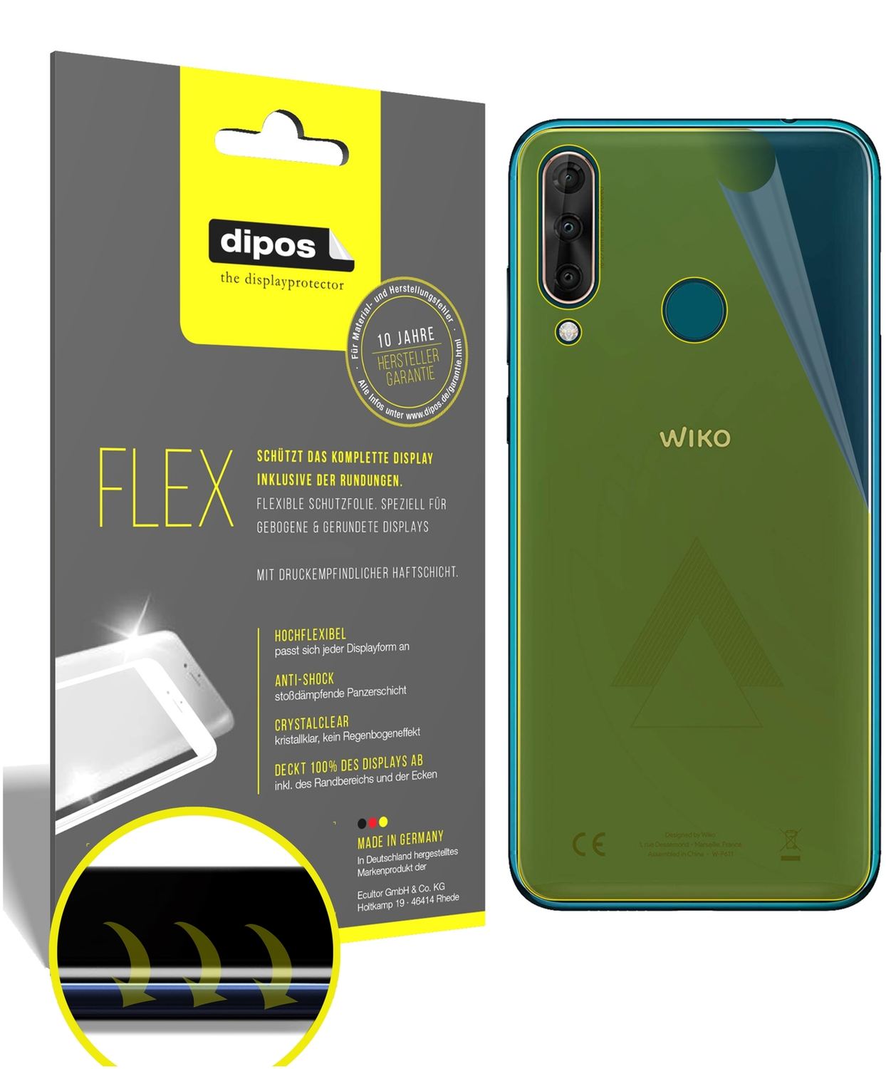 Klare Displayschutzfolie von dipos passend für Wiko View 3 Pro Rückseite, 100% Displayabdeckung und blasenfreie Montage