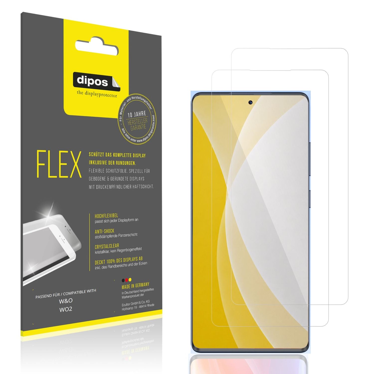 Klare Displayschutzfolie von dipos passend für W&amp;O WO2, 100% Displayabdeckung und blasenfreie Montage
