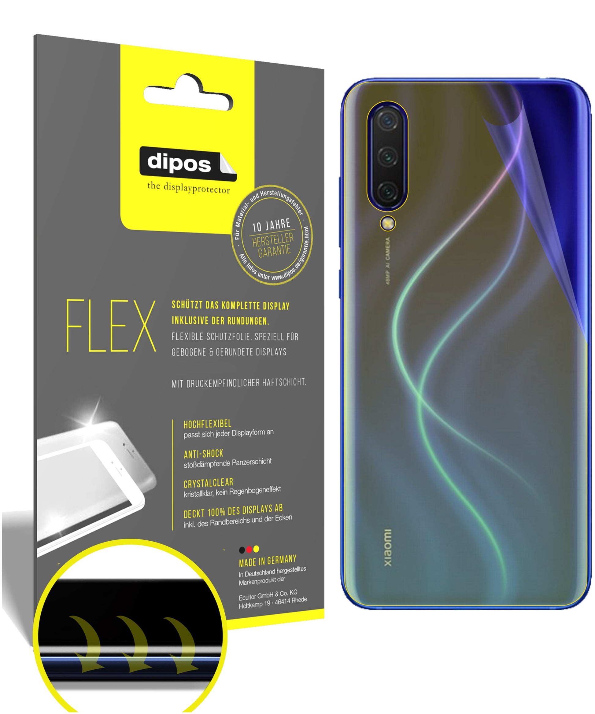 Klare Displayschutzfolie von dipos passend für Xiaomi Mi 9 Lite Rückseite, 100% Displayabdeckung und blasenfreie Montage