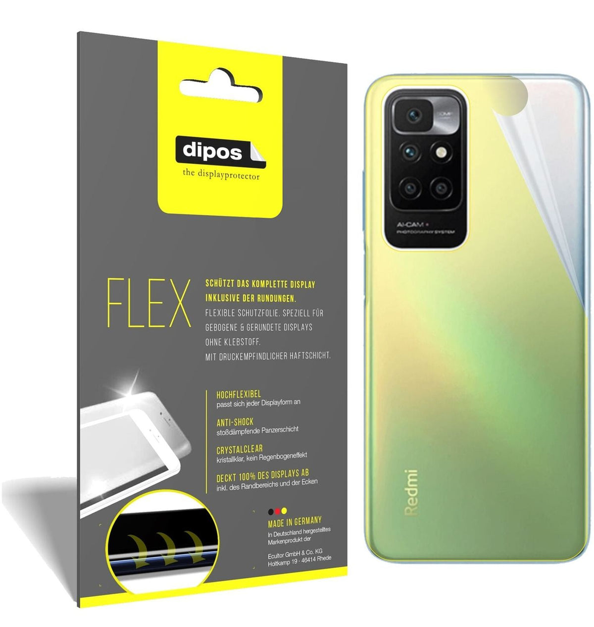 Klare Displayschutzfolie von dipos passend für Xiaomi Redmi 10 Rückseite, 100% Displayabdeckung und blasenfreie Montage
