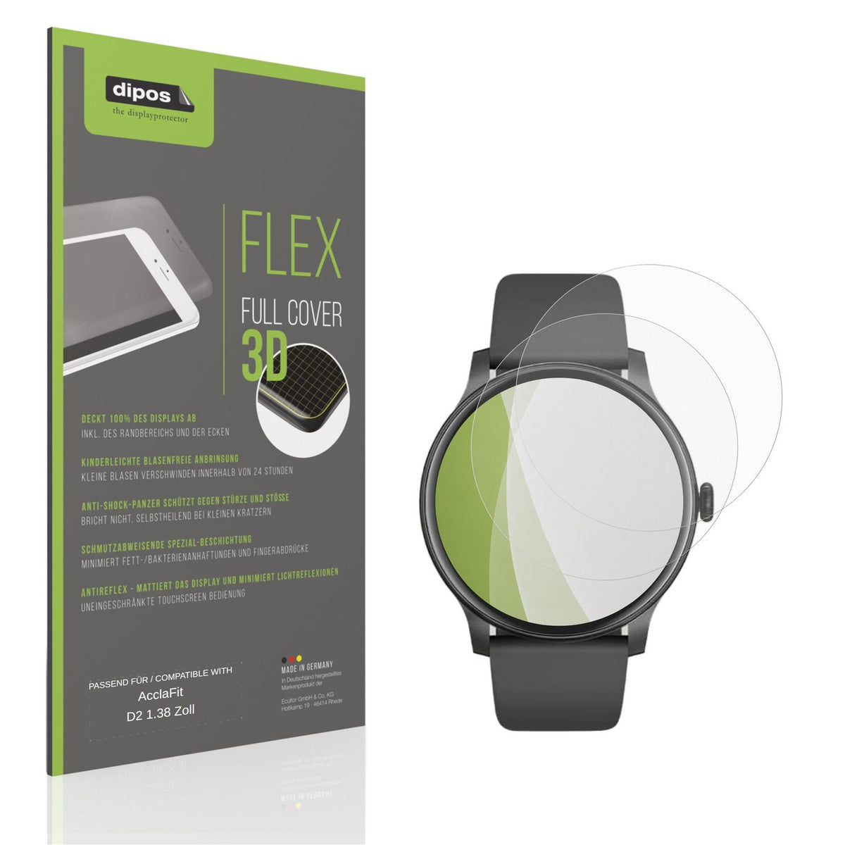 Matte Displayschutzfolie von dipos passend für AcclaFit D2 1.38 Zoll, 100% Displayabdeckung und blasenfreie Montage