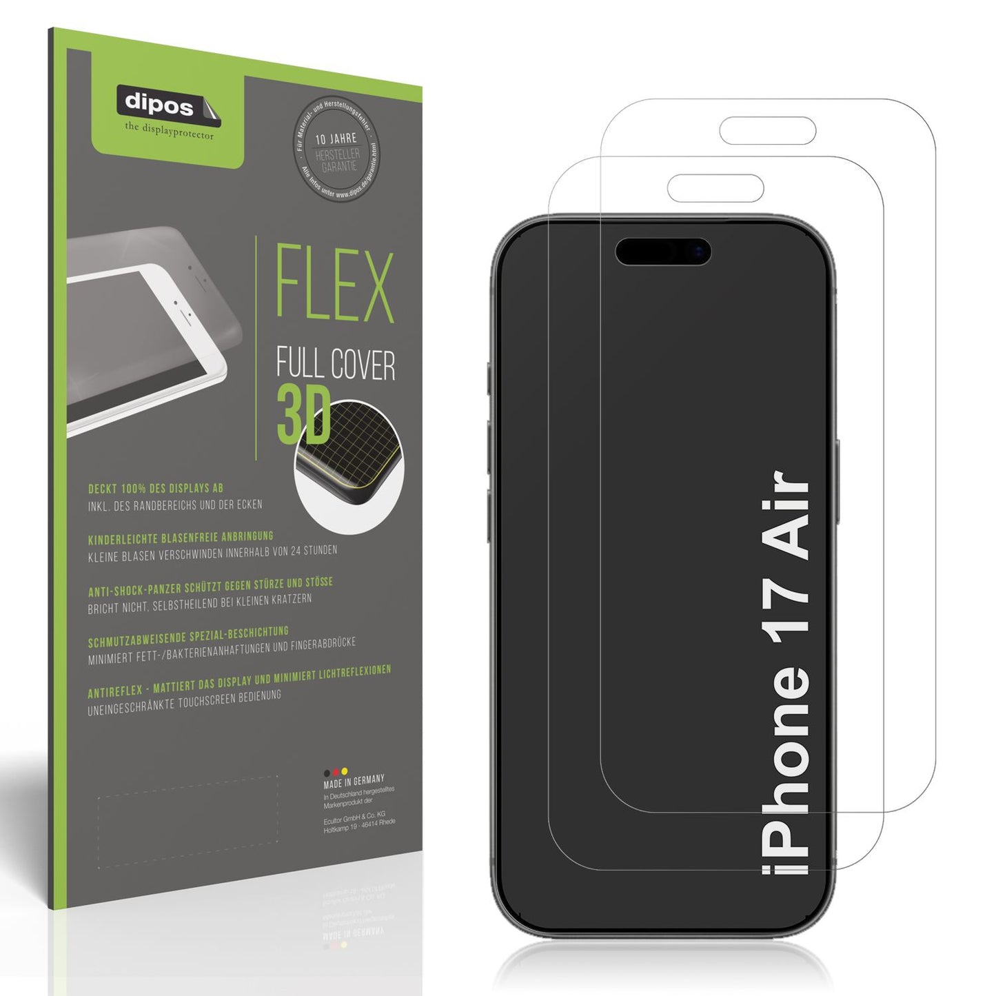 Matte Displayschutzfolie von dipos passend für Apple iPhone 17 Air, 100% Displayabdeckung und blasenfreie Montage
