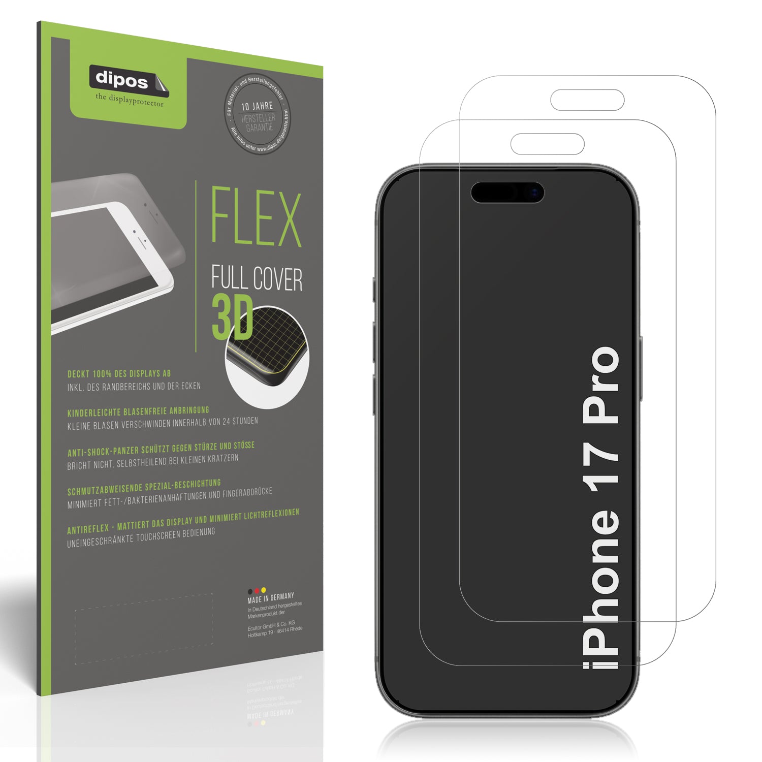 Matte Displayschutzfolie von dipos passend für Apple iPhone 17 Pro, 100% Displayabdeckung und blasenfreie Montage