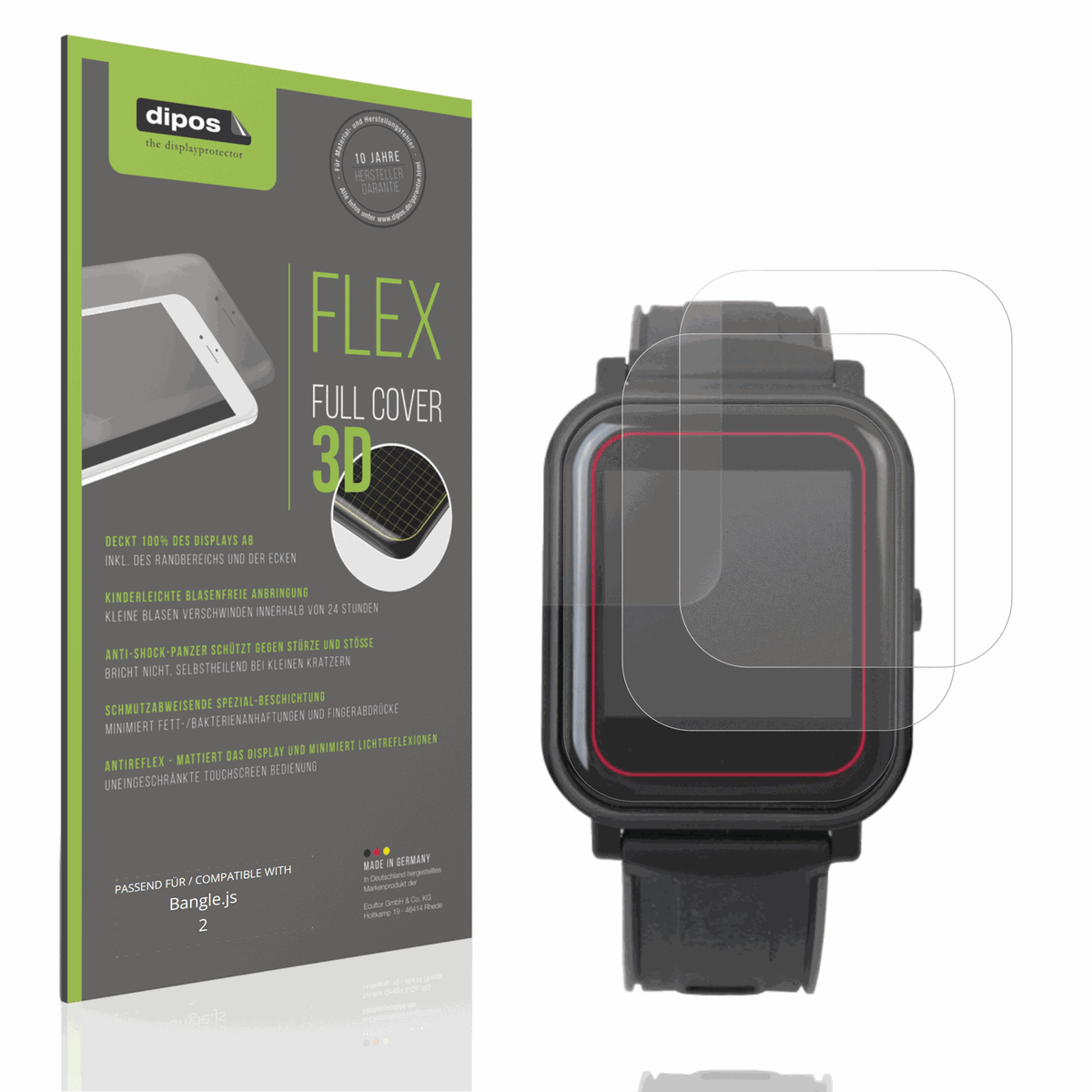 Matte Displayschutzfolie von dipos passend f�r Bangle.js 2, 100% Displayabdeckung und blasenfreie Montage