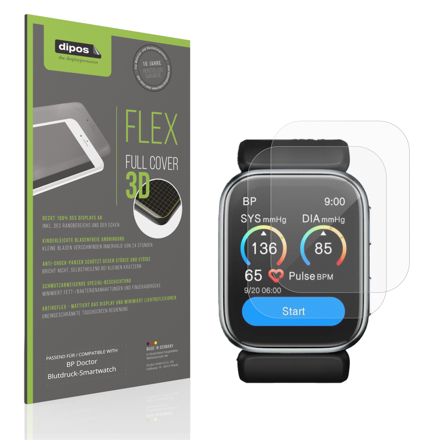 Matte Displayschutzfolie von dipos passend für BP Doctor Blutdruck-Smartwatch, 100% Displayabdeckung und blasenfreie Montage