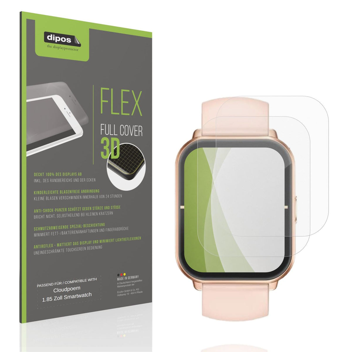 Matte Displayschutzfolie von dipos passend für Cloudpoem 1.85 Zoll Smartwatch, 100% Displayabdeckung und blasenfreie Montage
