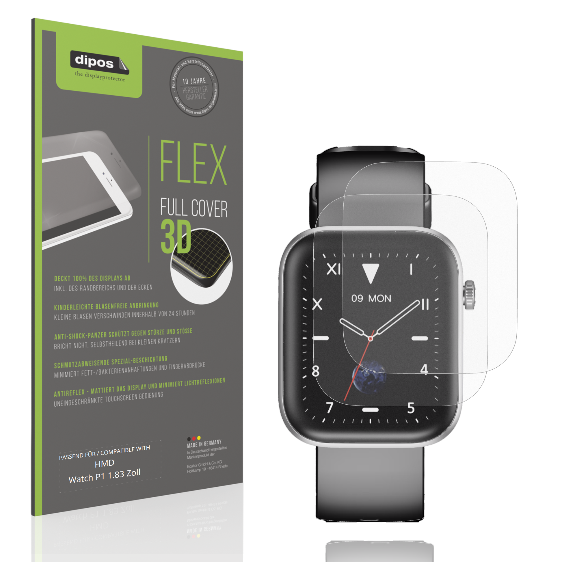 Matte Displayschutzfolie von dipos passend für HMD Watch P1 1.83 Zoll, 100% Displayabdeckung und blasenfreie Montage