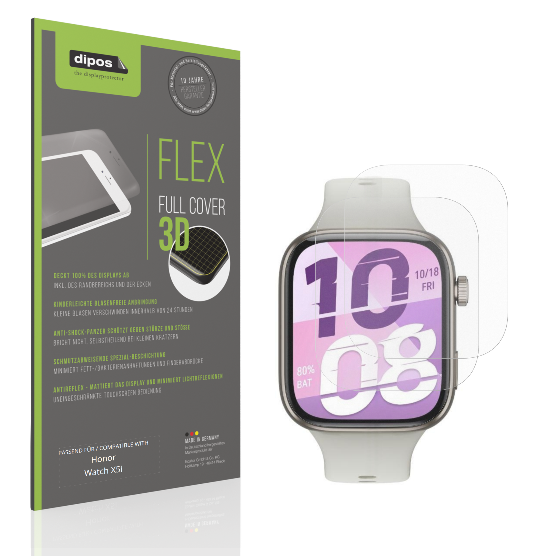 Matte Displayschutzfolie von dipos passend für Honor Watch X5i, 100% Displayabdeckung und blasenfreie Montage