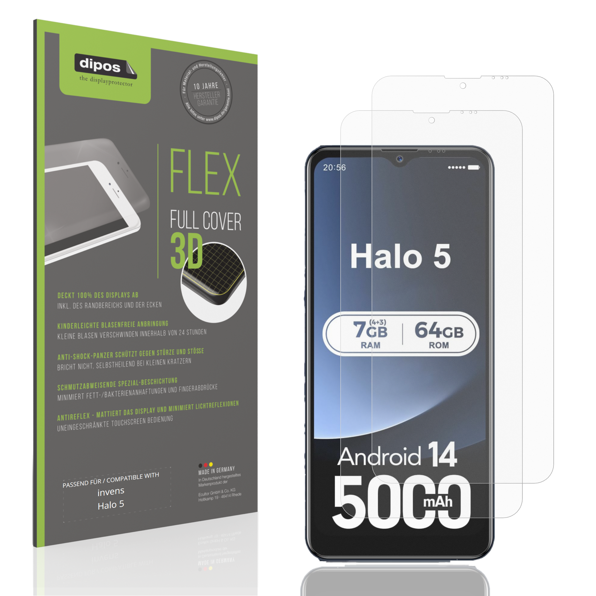 Matte Displayschutzfolie von dipos passend für invens Halo 5, 100% Displayabdeckung und blasenfreie Montage