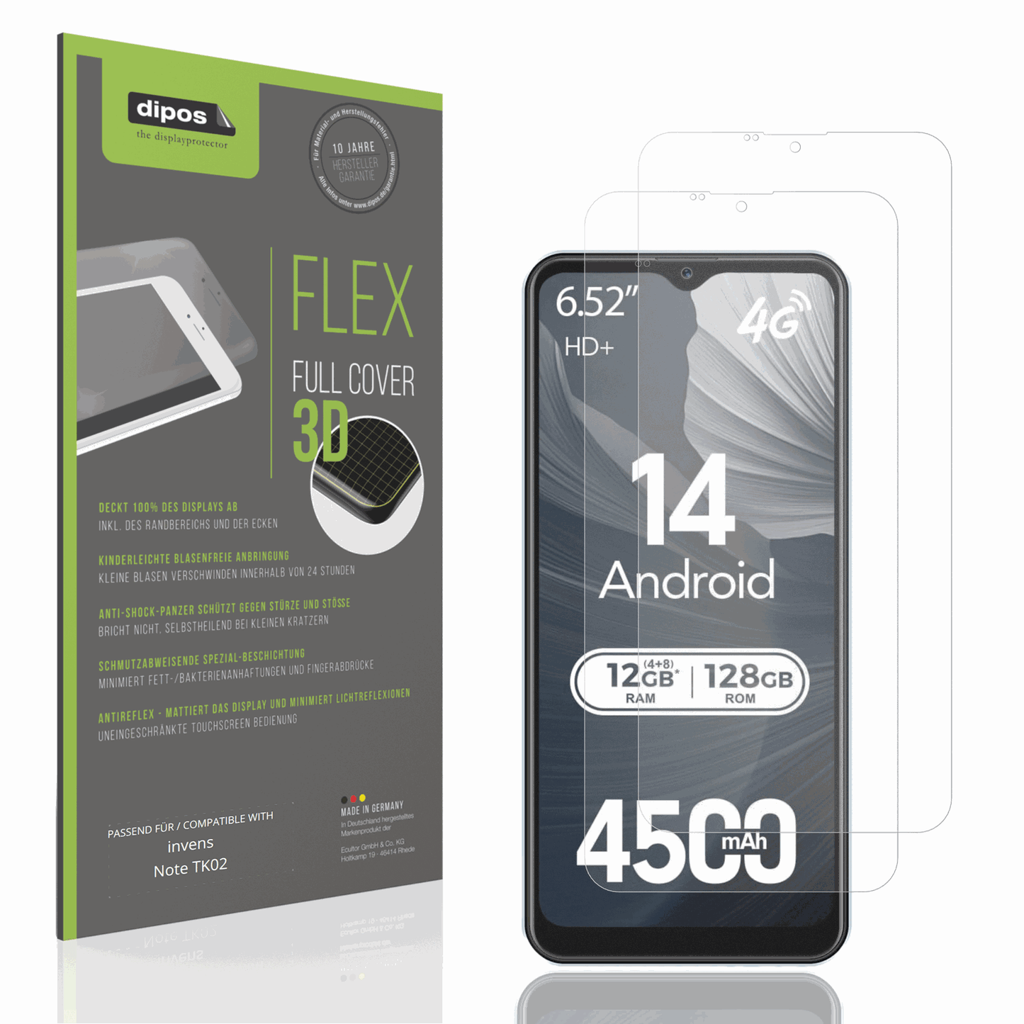 Matte Displayschutzfolie von dipos passend für invens Note TK02, 100% Displayabdeckung und blasenfreie Montage