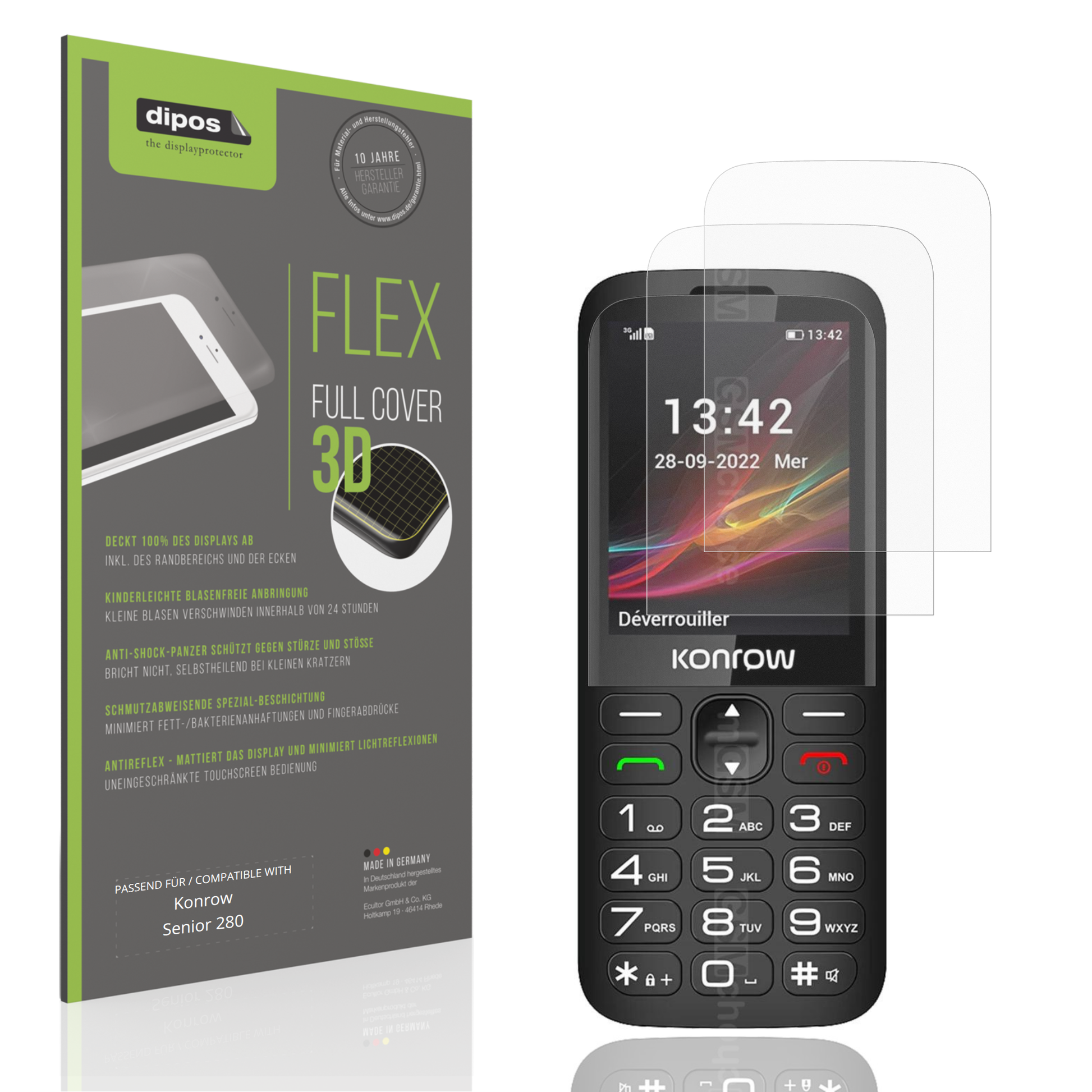 Matte Displayschutzfolie von dipos passend für Konrow Senior 280, 100% Displayabdeckung und blasenfreie Montage
