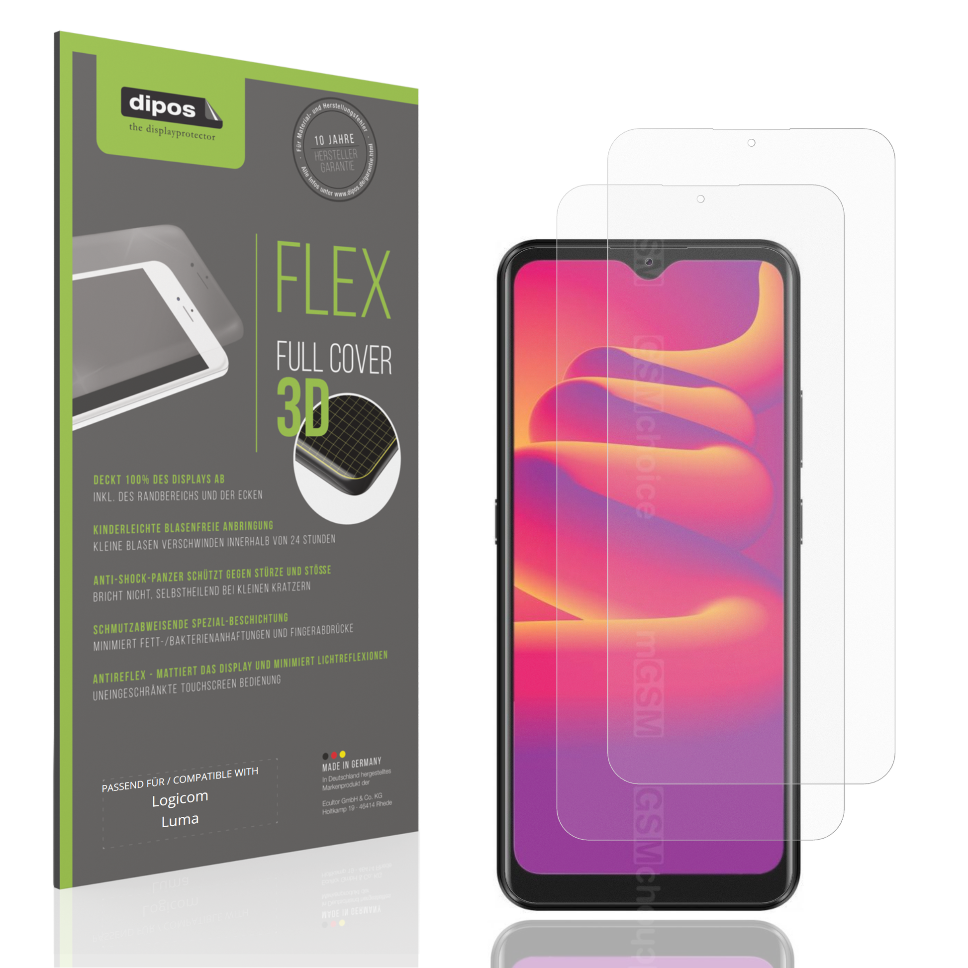 Matte Displayschutzfolie von dipos passend für Logicom Luma, 100% Displayabdeckung und blasenfreie Montage