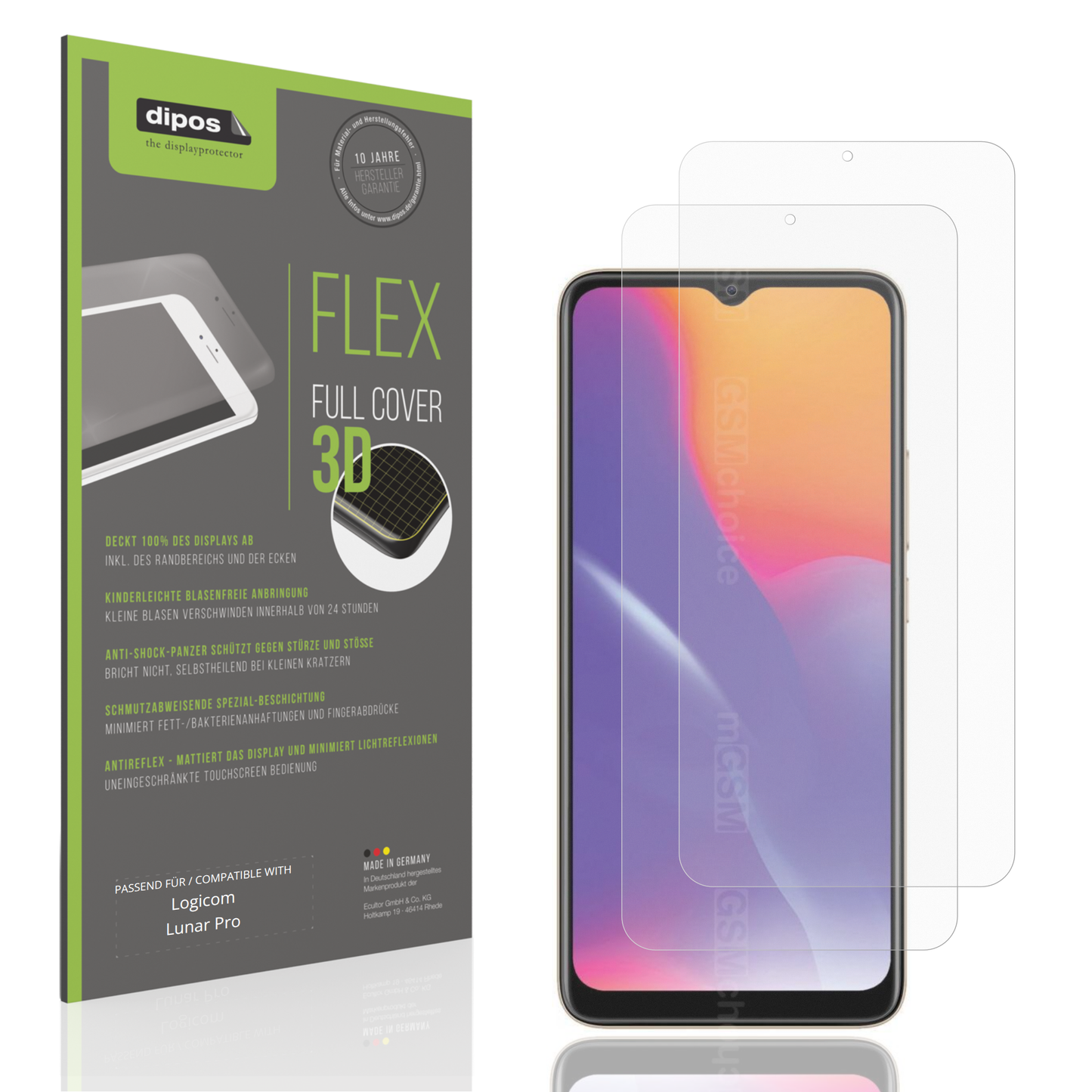 Matte Displayschutzfolie von dipos passend für Logicom Lunar Pro, 100% Displayabdeckung und blasenfreie Montage