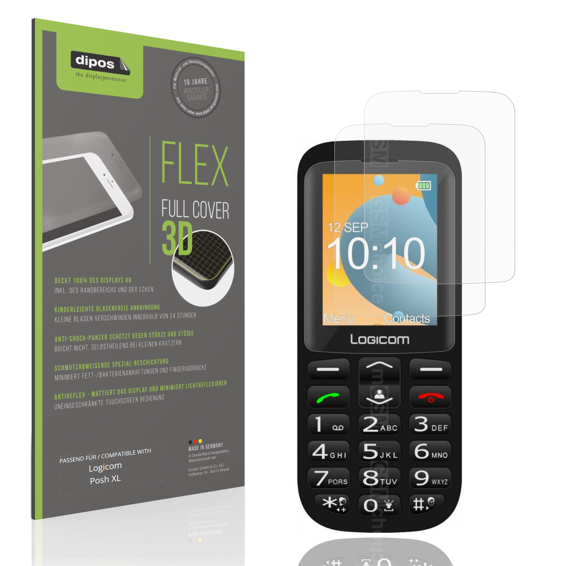 Matte Displayschutzfolie von dipos passend für Logicom Posh XL, 100% Displayabdeckung und blasenfreie Montage