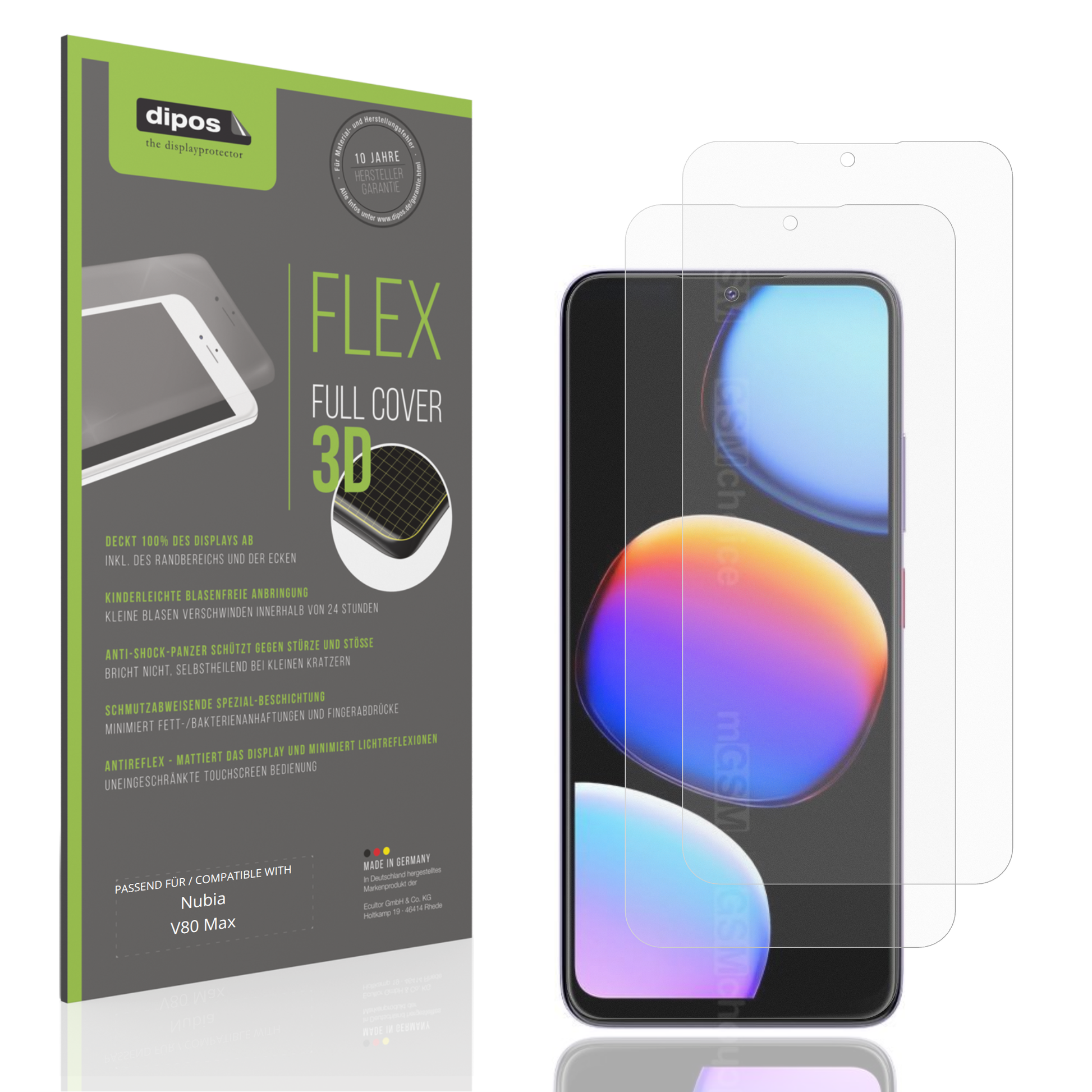 Matte Displayschutzfolie von dipos passend für Nubia V80 Max, 100% Displayabdeckung und blasenfreie Montage