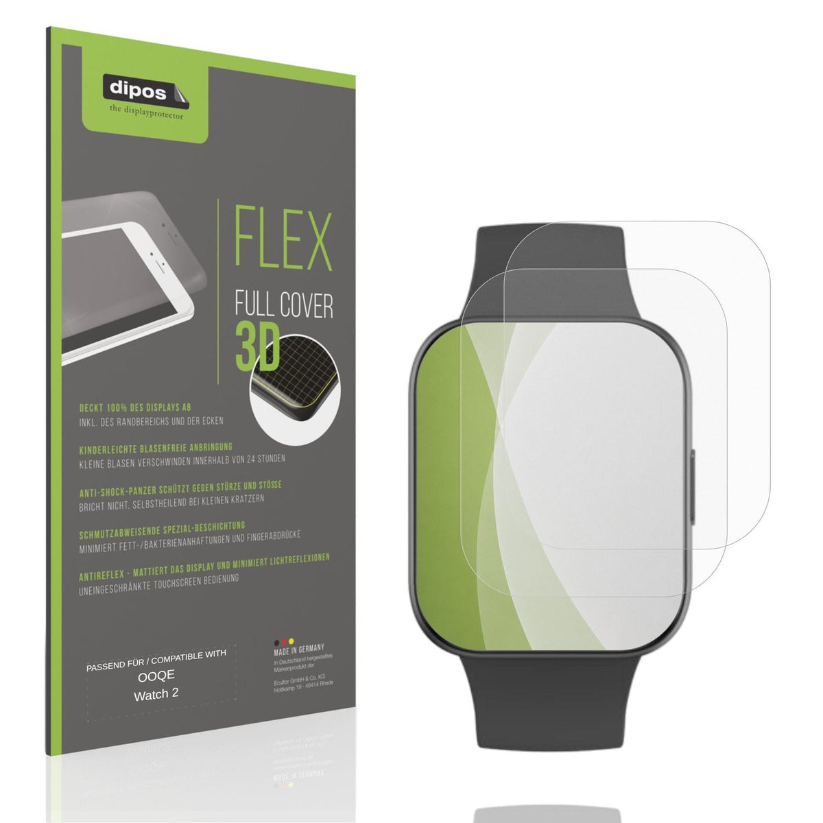 Matte Displayschutzfolie von dipos passend für OOQE Watch 2, 100% Displayabdeckung und blasenfreie Montage