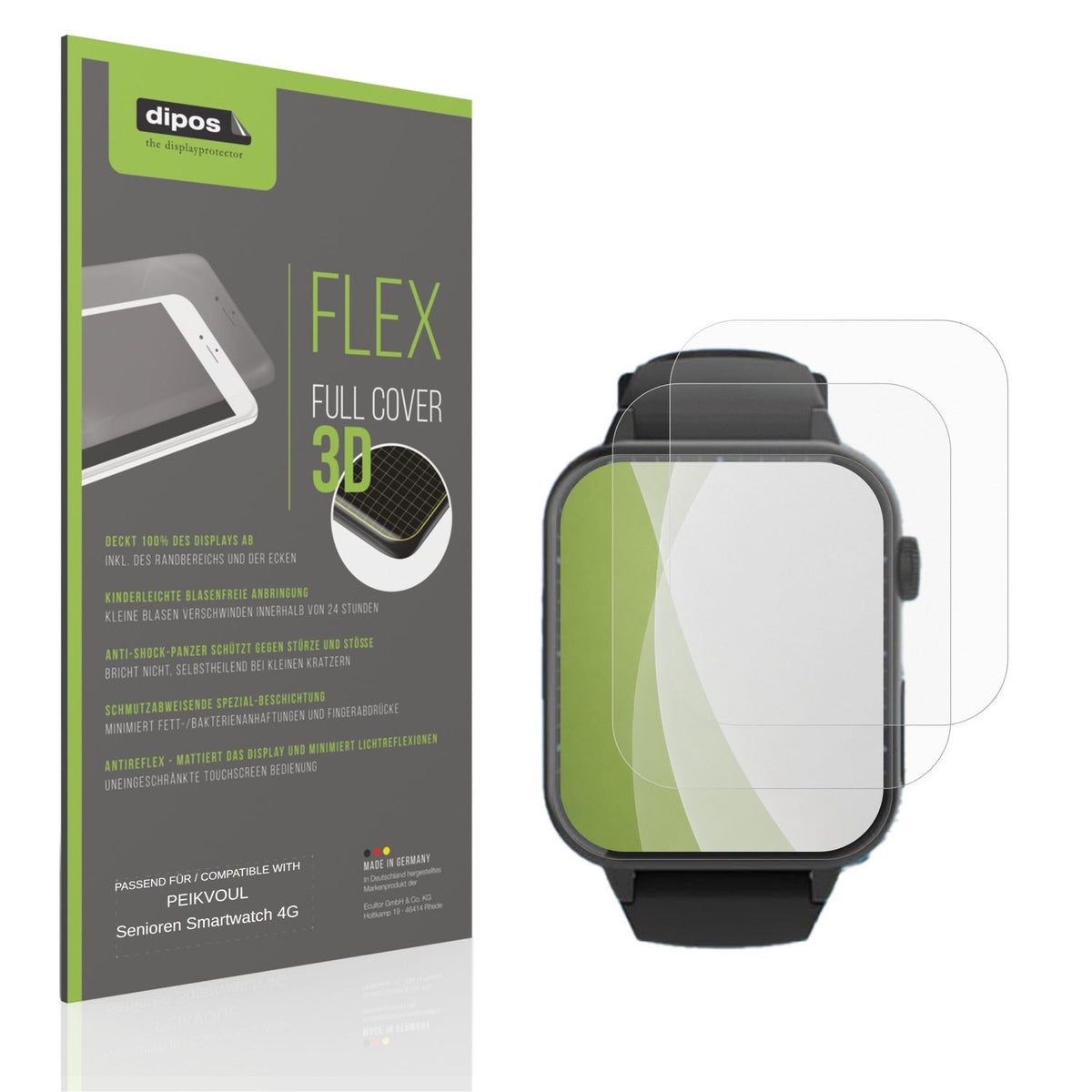Matte Displayschutzfolie von dipos passend für PEIKVOUL Senioren Smartwatch 4G, 100% Displayabdeckung und blasenfreie Montage