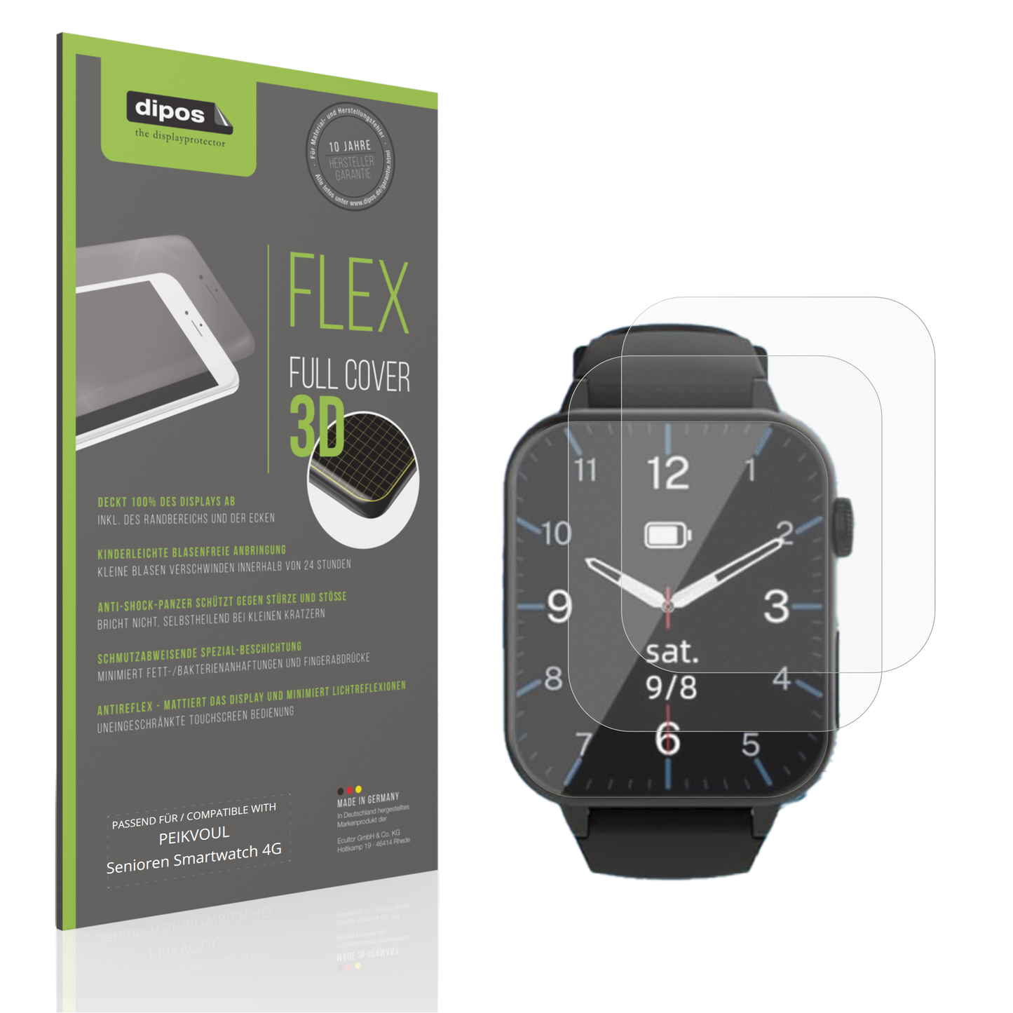 Matte Displayschutzfolie von dipos passend für PEIKVOUL Senioren Smartwatch 4G, 100% Displayabdeckung und blasenfreie Montage