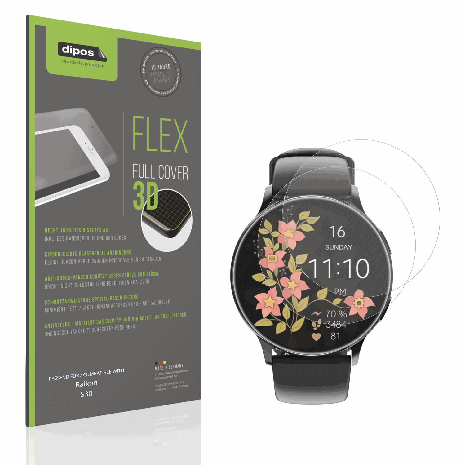 Matte Displayschutzfolie von dipos passend für Raikon S30, 100% Displayabdeckung und blasenfreie Montage