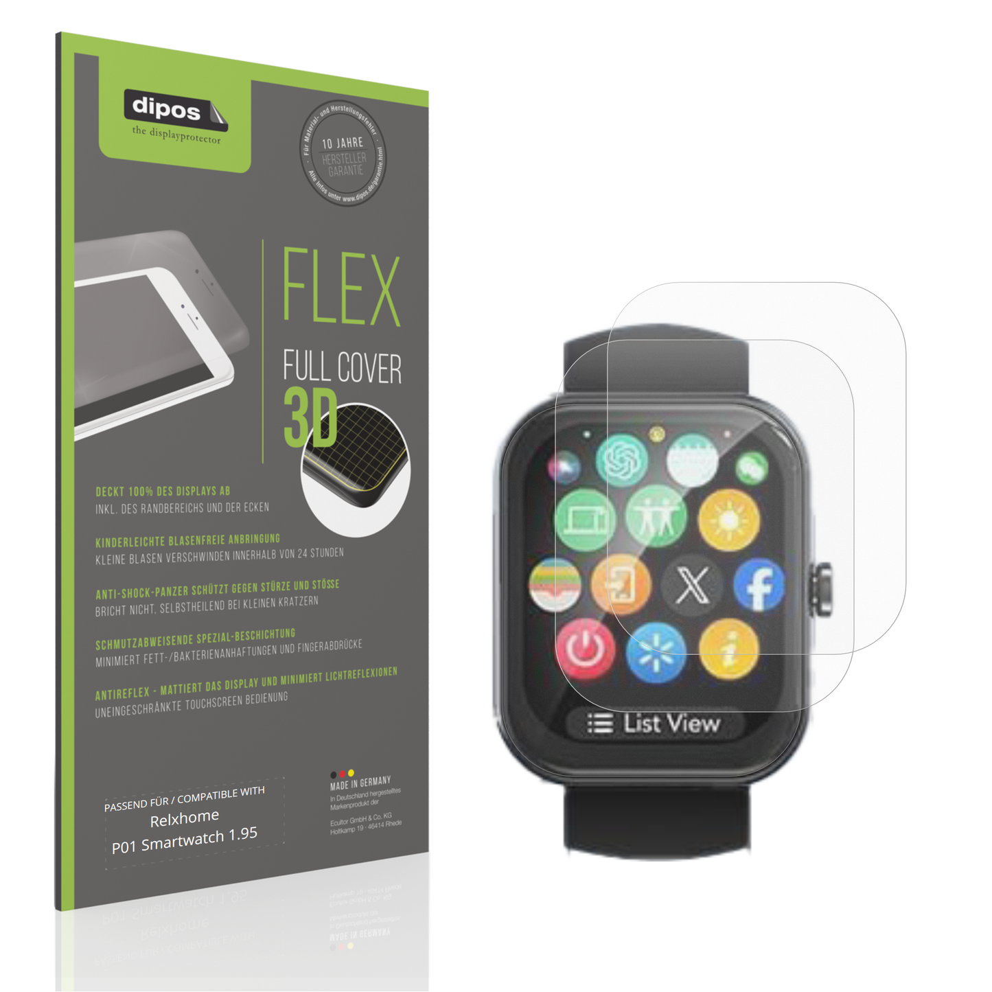 Matte Displayschutzfolie von dipos passend für Relxhome P01 Smartwatch 1.95, 100% Displayabdeckung und blasenfreie Montage