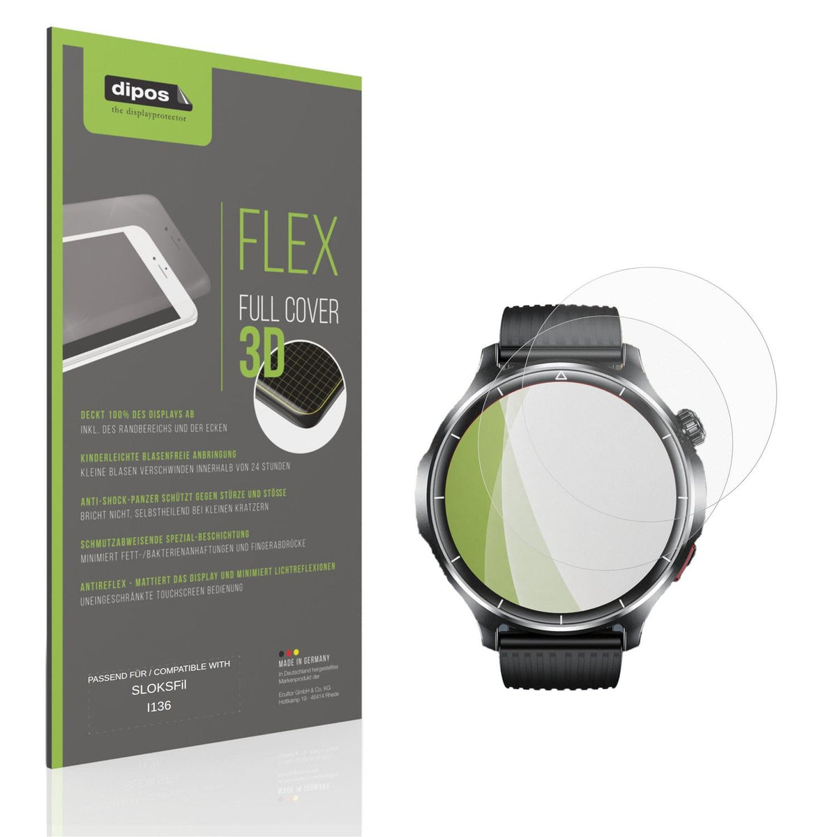 Matte Displayschutzfolie von dipos passend für SLOKSFil I136, 100% Displayabdeckung und blasenfreie Montage