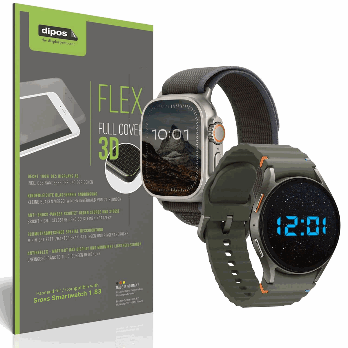 Matte Displayschutzfolie von dipos passend für Sross Smartwatch 1.83, 100% Displayabdeckung und blasenfreie Montage