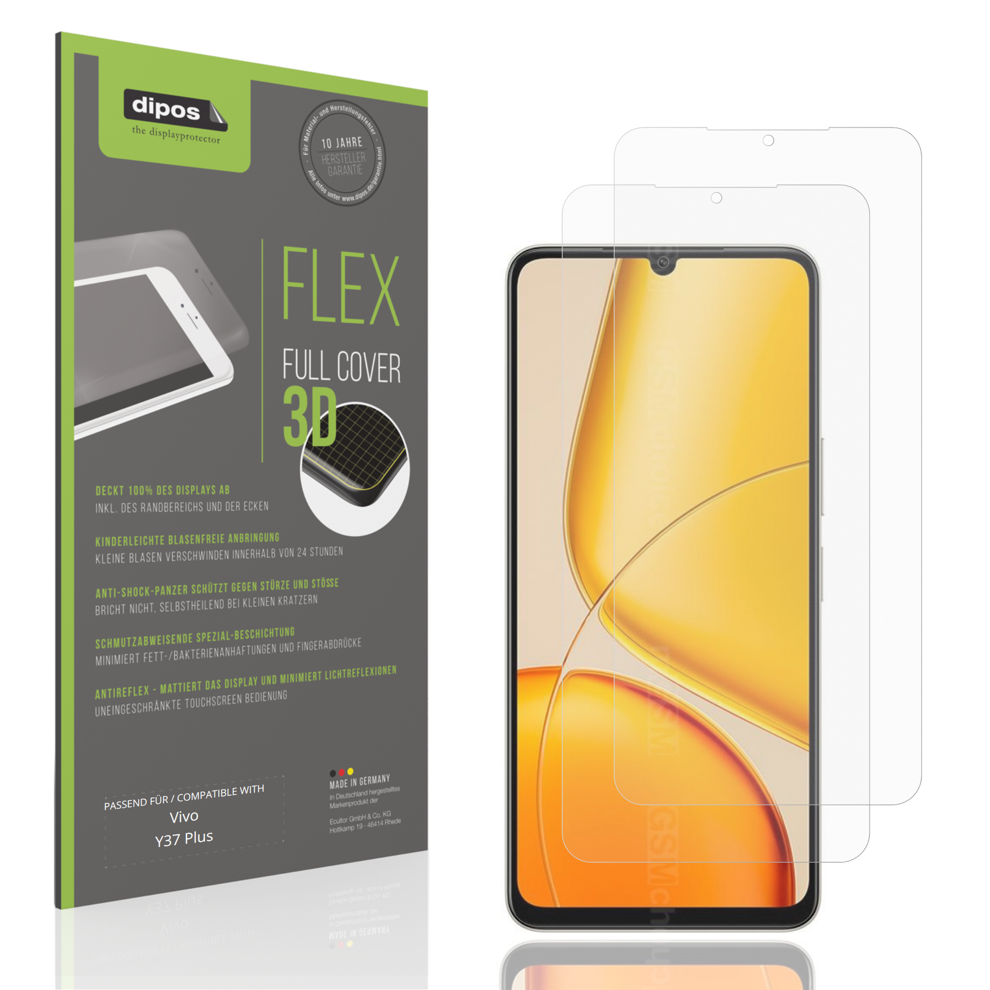 Matte Displayschutzfolie von dipos passend für Vivo Y37 Plus, 100% Displayabdeckung und blasenfreie Montage