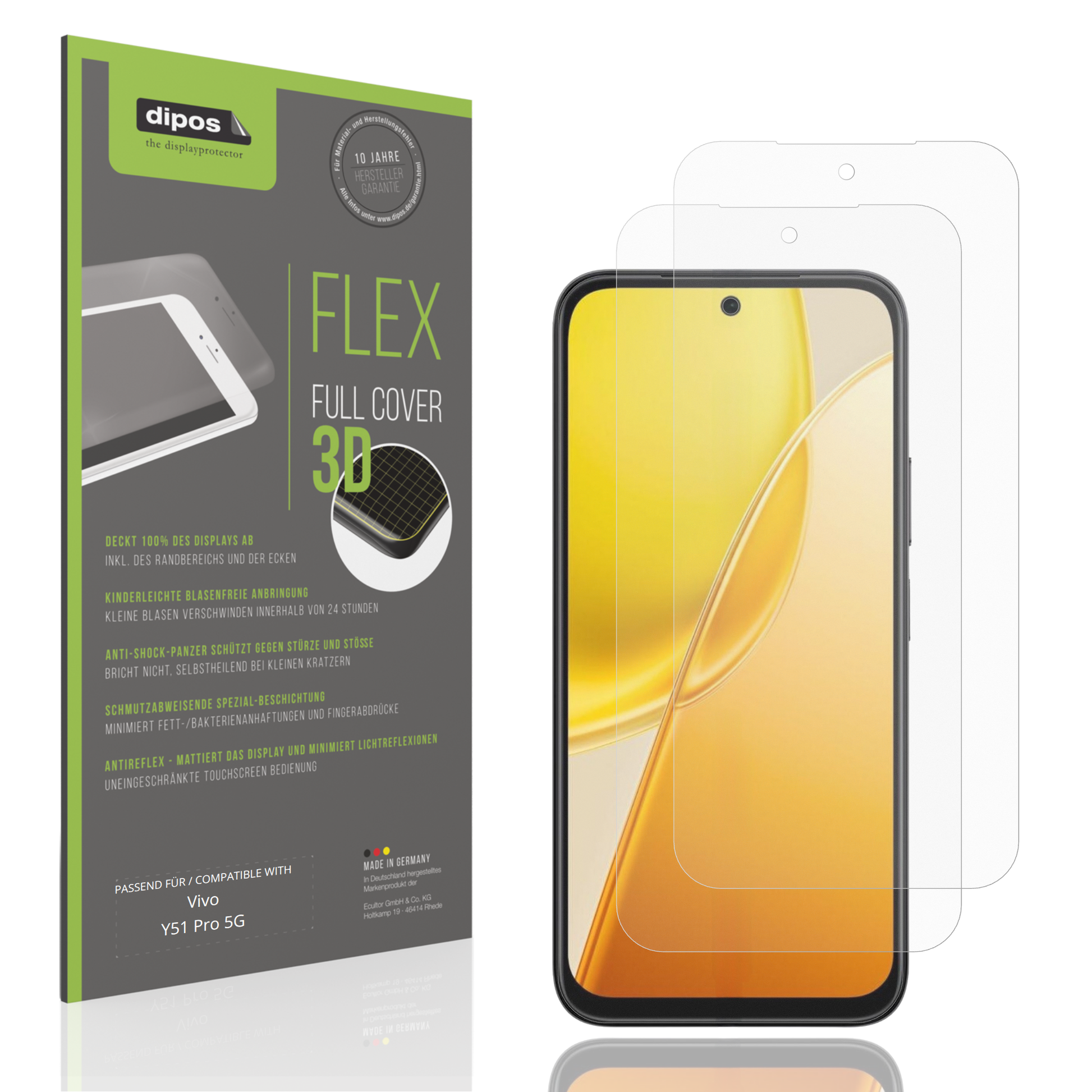 Matte Displayschutzfolie von dipos passend für Vivo Y51 Pro 5G, 100% Displayabdeckung und blasenfreie Montage