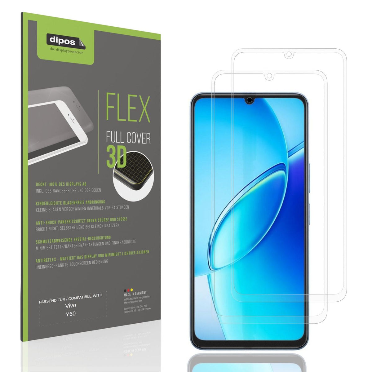 Matte Displayschutzfolie von dipos passend für Vivo Y60, 100% Displayabdeckung und blasenfreie Montage