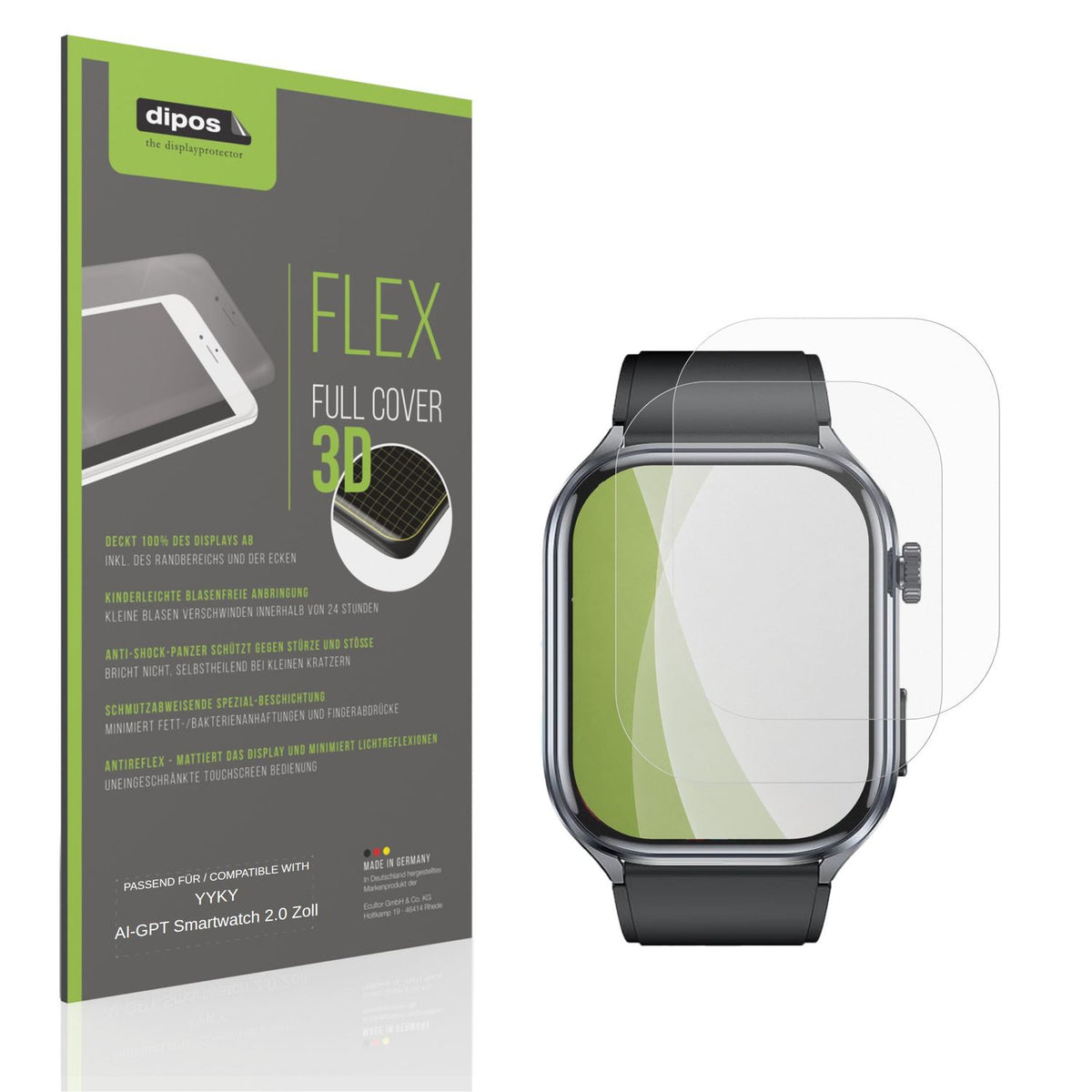 Matte Displayschutzfolie von dipos passend für YYKY AI-GPT Smartwatch 2.0 Zoll, 100% Displayabdeckung und blasenfreie Montage