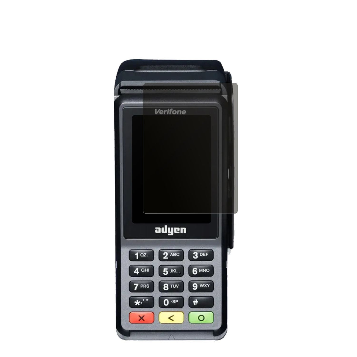 AdyenV400c Plus mit aufgebrachtem dipos Displayschutz, der seitliche Einblicke blockiert