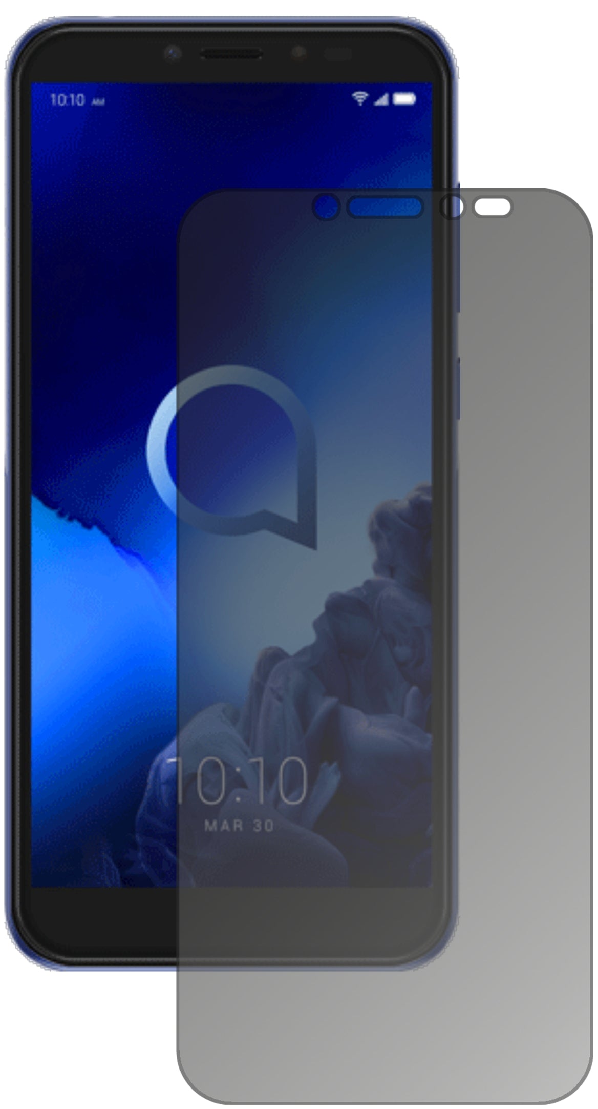 Alcatel1S mit aufgebrachtem dipos Displayschutz, der seitliche Einblicke blockiert
