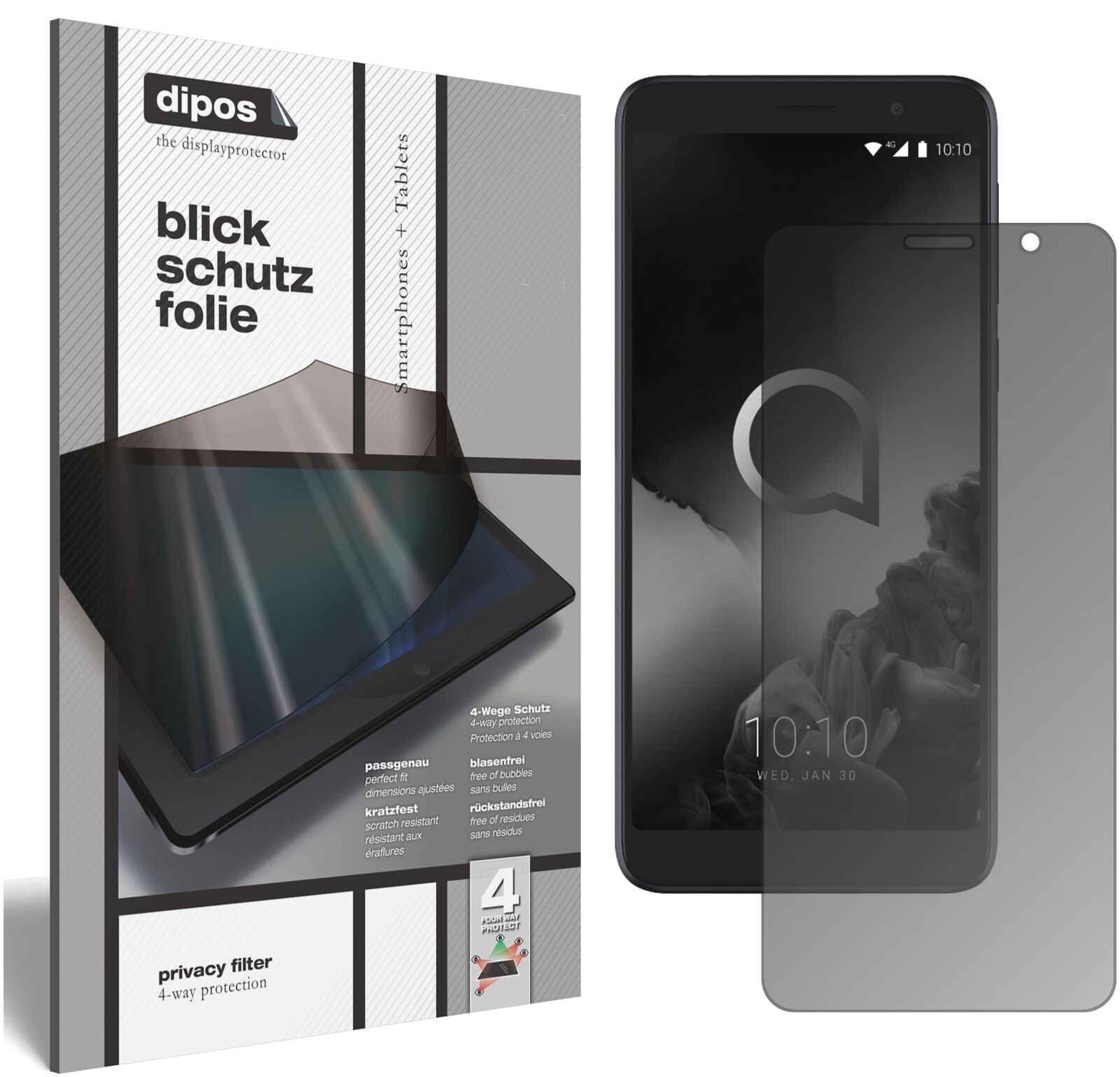 Alcatel1X (2019) mit aufgebrachtem dipos Displayschutz, der seitliche Einblicke blockiert