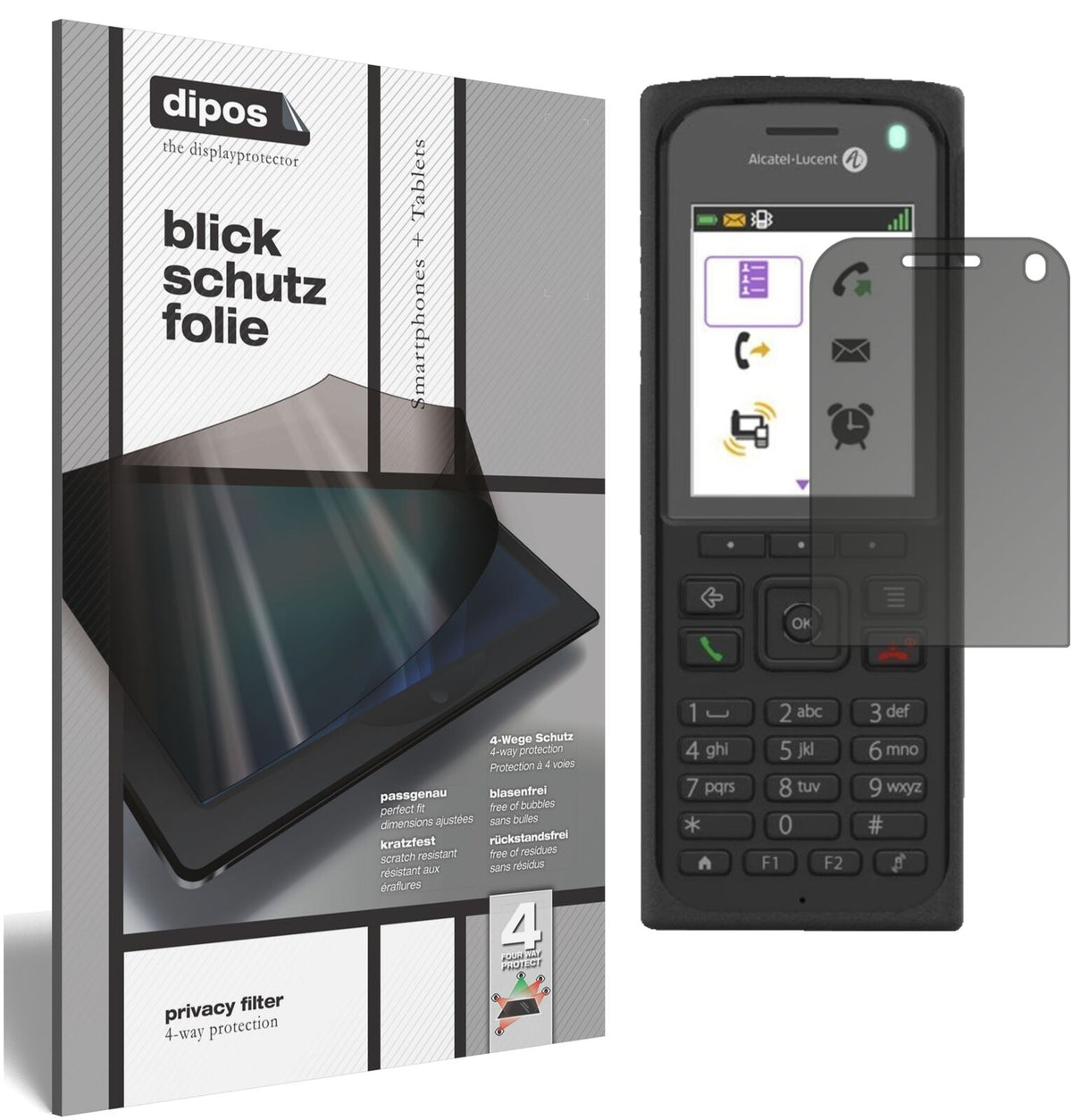 Alcatel8262EX mit aufgebrachtem dipos Displayschutz, der seitliche Einblicke blockiert