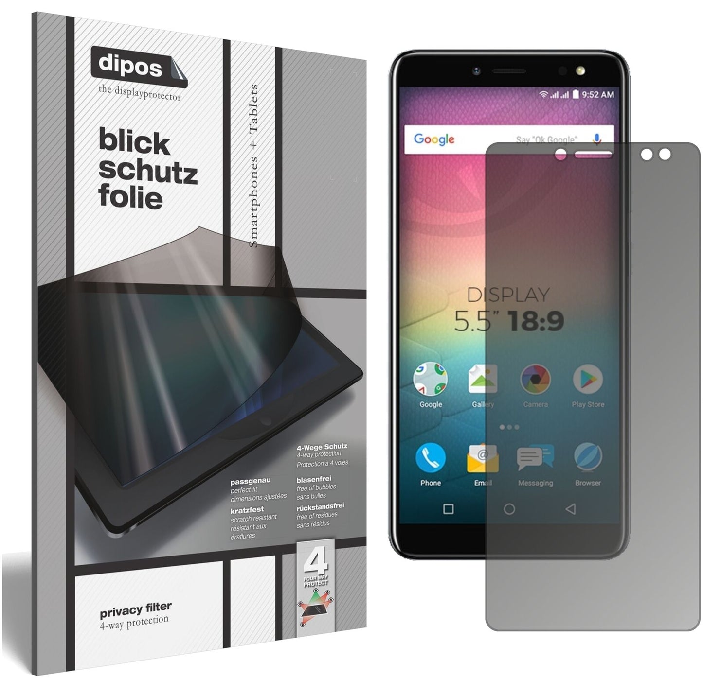 AllviewV3 Viper mit aufgebrachtem dipos Displayschutz, der seitliche Einblicke blockiert