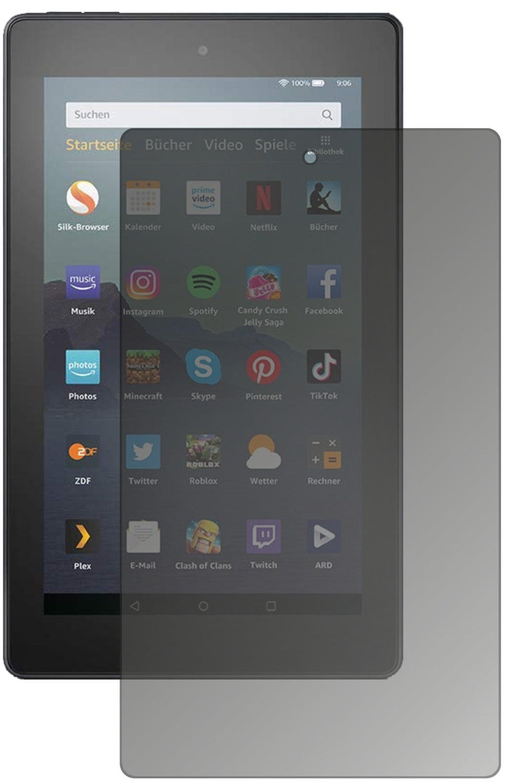 AmazonFire 7 Tablet 9. Generation (2019) mit aufgebrachtem dipos Displayschutz, der seitliche Einblicke blockiert