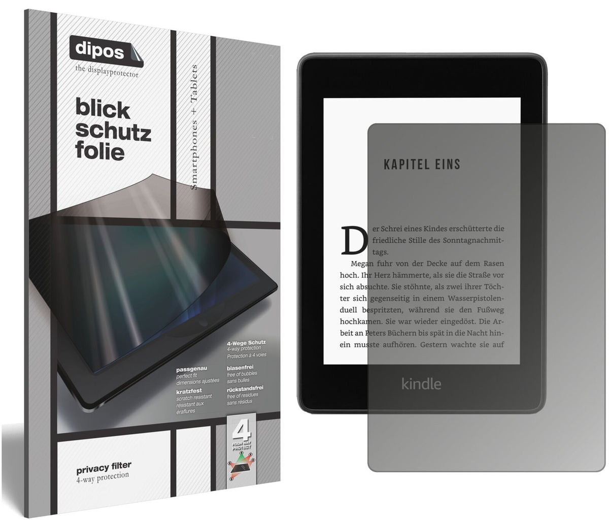 AmazonKindle Paperwhite (2018) mit aufgebrachtem dipos Displayschutz, der seitliche Einblicke blockiert