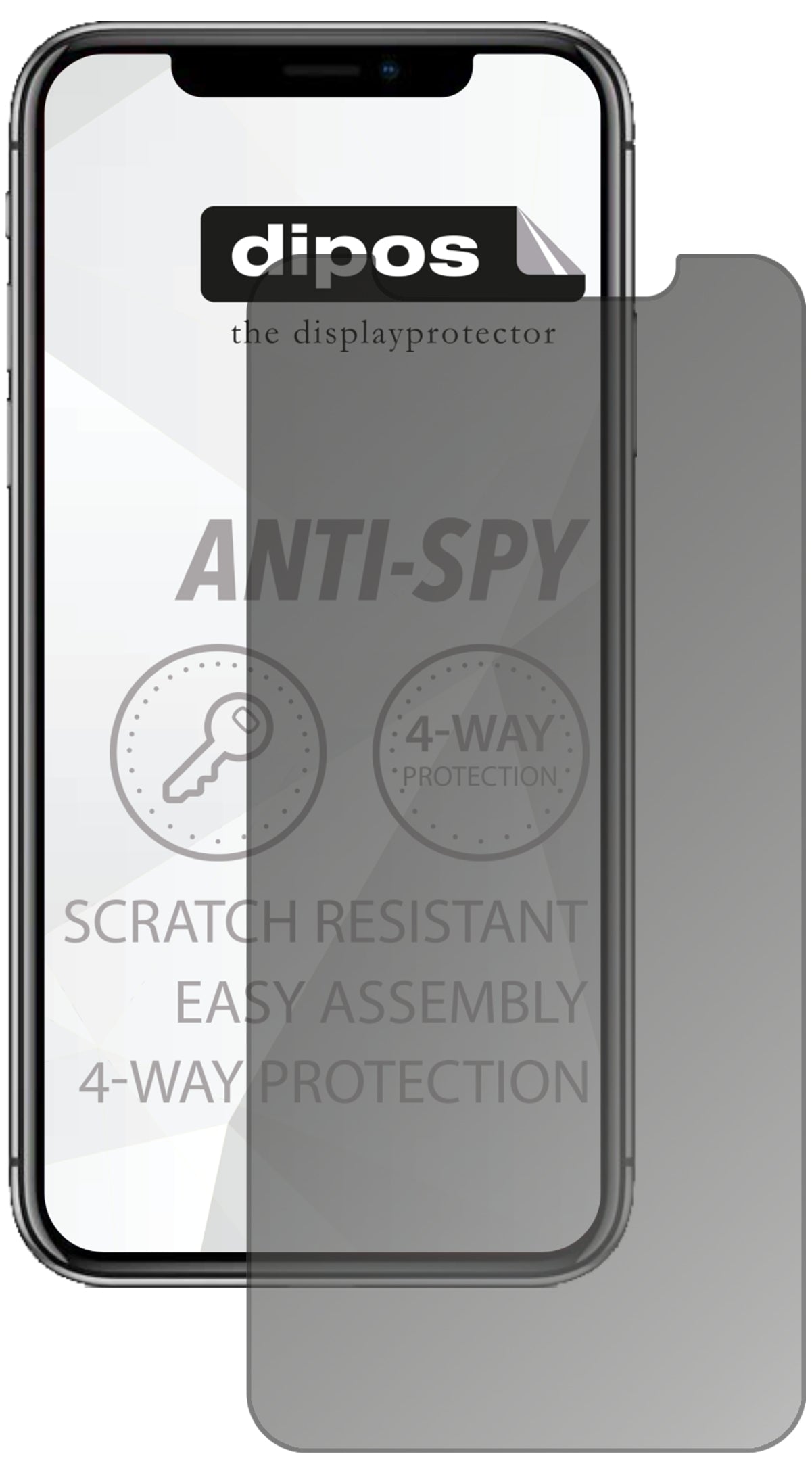 AppleiPhone 11 Pro Max mit aufgebrachtem dipos Displayschutz, der seitliche Einblicke blockiert