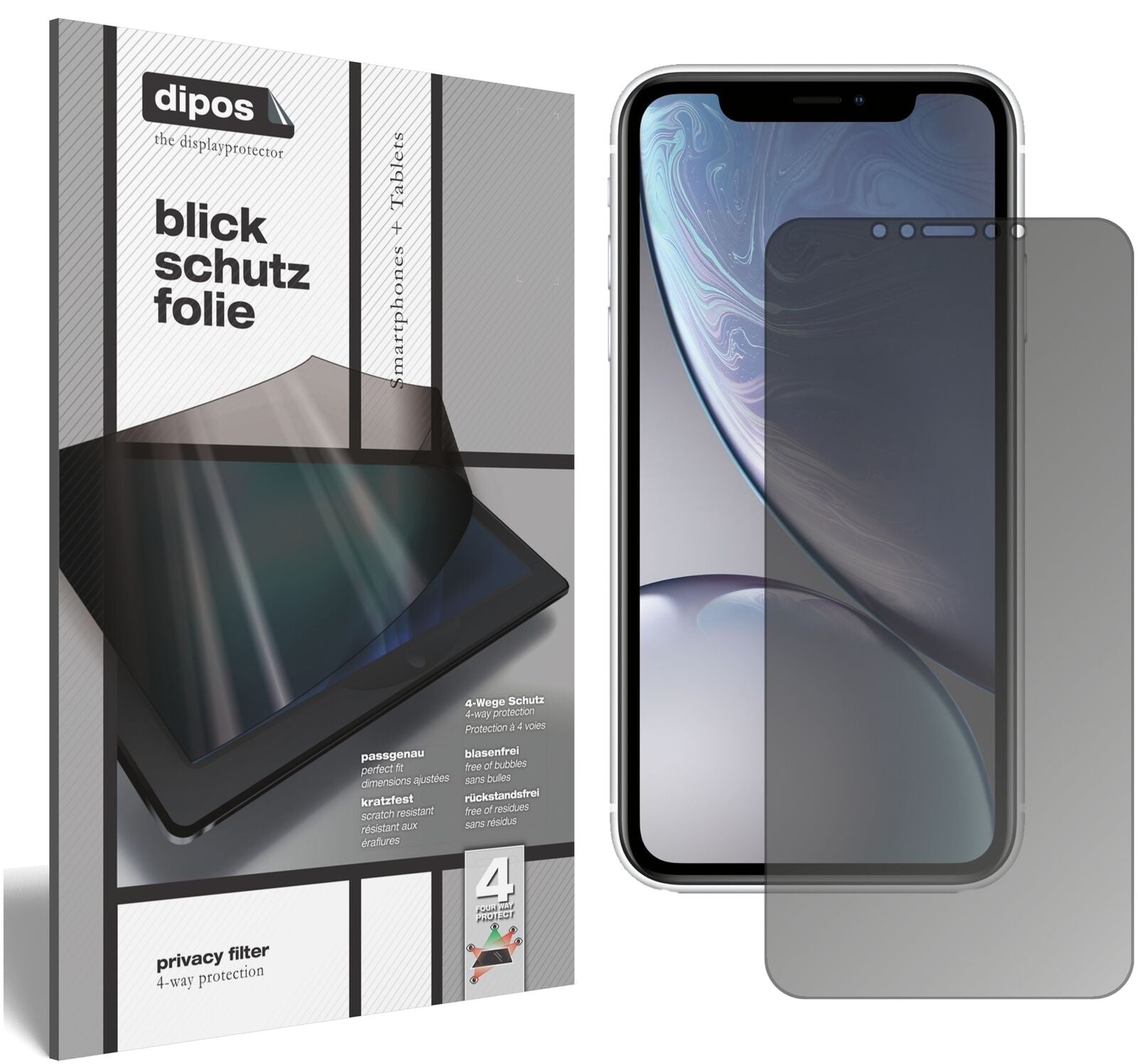 AppleiPhone XR mit aufgebrachtem dipos Displayschutz, der seitliche Einblicke blockiert
