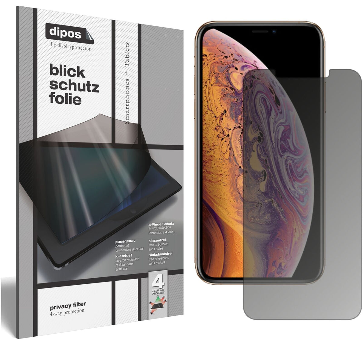 AppleiPhone XS mit aufgebrachtem dipos Displayschutz, der seitliche Einblicke blockiert