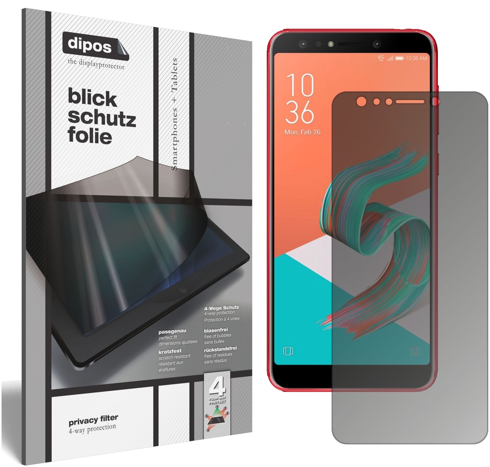 AsusZenfone 5 Lite (ZC600KL) mit aufgebrachtem dipos Displayschutz, der seitliche Einblicke blockiert