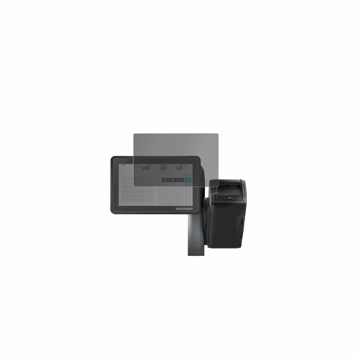 BizerbaQ1 pro 800 12.1 Zoll mit aufgebrachtem dipos Displayschutz, der seitliche Einblicke blockiert